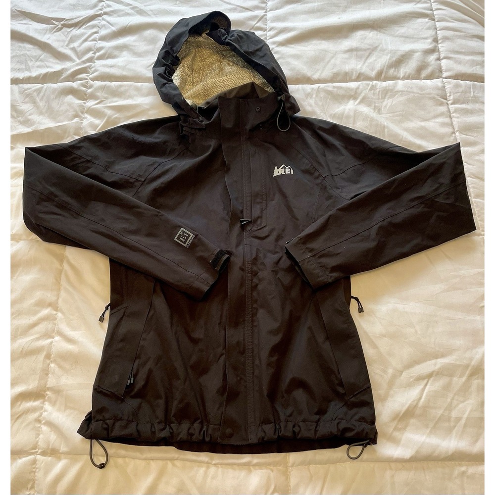 REI Jacket Womens XS Hooded Elements Black Waterproof Rain Outdoor Hiking Coat